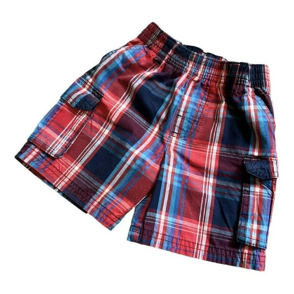 GARANIMALS plaid pull-up shorts elastic waist side/cargo pockets button Boy 2T - Picture 3 of 10